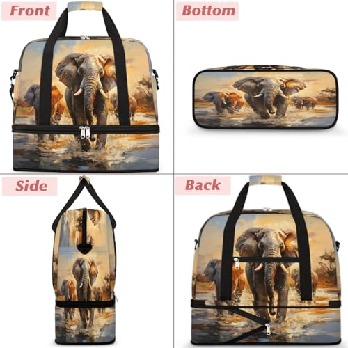 Travel Duffel Bags Retro Africa Elephant Foldable Weekender Bags for Women with Shoes Compartment Waterproof & Tear Resistant Carry on Overnight Luggage Duffel Bag Shoulder Sports Tote Bag,B-2423