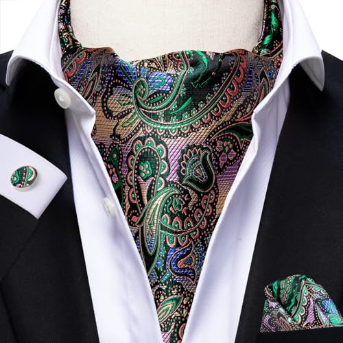 Image of Hi-Tie Silk Ascot for Men Self Tie Men's Cravat and Flower Lapel Pin Handkerchief Cufflinks Set for Wedding Party
