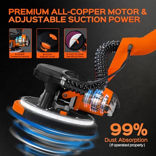Drywall Sander Tool, KUPERIA 8.5 Amp Popcorn Ceiling Removal Tool with 7 Variable Speed 800-1800RPM,Electric Drywall Sander with Extendable Handle,LED Light,6 Basic Sand Paper& 6 Grid Sandpaper,Orange by KUPERIA - Image 3