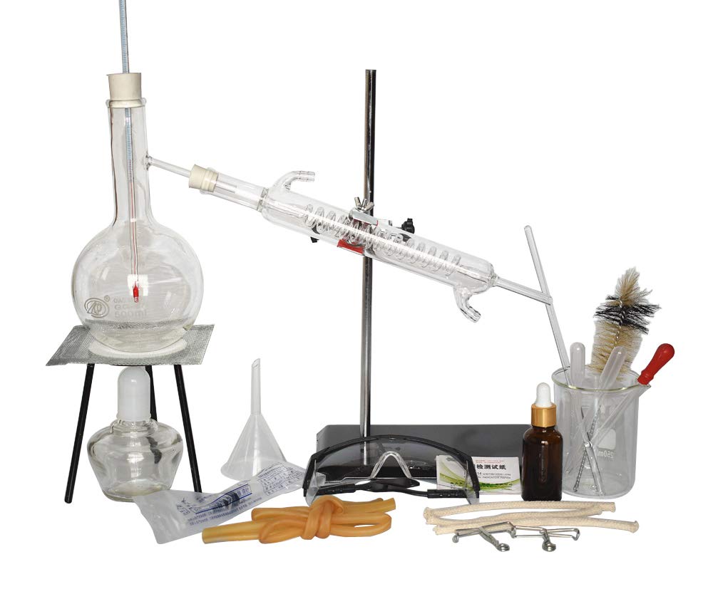 Kit de cristalería de laboratorio de 500 ml para destilación de vidrio, destilador de aceite esencial, purificador de agua para hacer tu propio aceite esencial, Moonshine (condensador de serpiente)