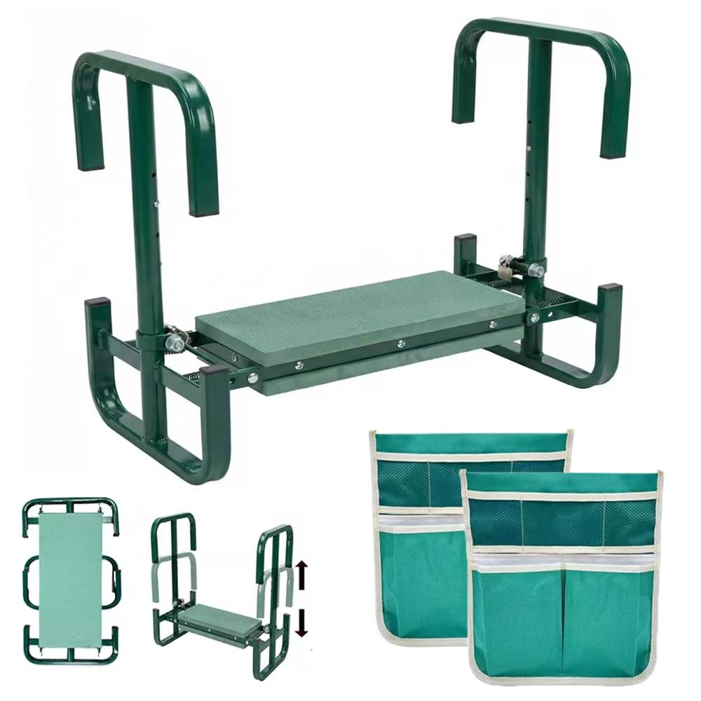 Tabouret de jardin pliable - Hauteur réglable - 60 x 52 x 27 cm - Repose-genoux avec aide au lever - Sac à outils - Tapis en mousse EVA - Pour jardinage, pêche, camping