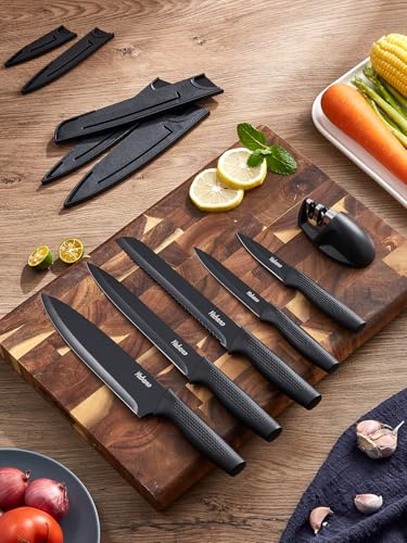 Yabano Messerset mit Messerschärfer - Scharfe Küchenmesser Set - 5-teiliges Küchenmesserset mit 5 Klingenschutzhüllen Anti-Rost-Beschichtung