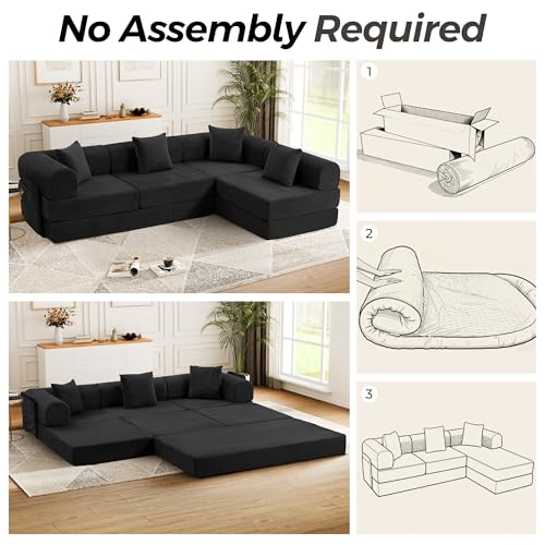 Image of 106 inch Modular Sectional Sofa Bed, L-Shaped Convertible Sleeper Sofa with Fixed-Shape Metal Frame, Oversized Corduroy Cloud Couch with Storage Pocket, No Assembly Couch for Living Room, Black