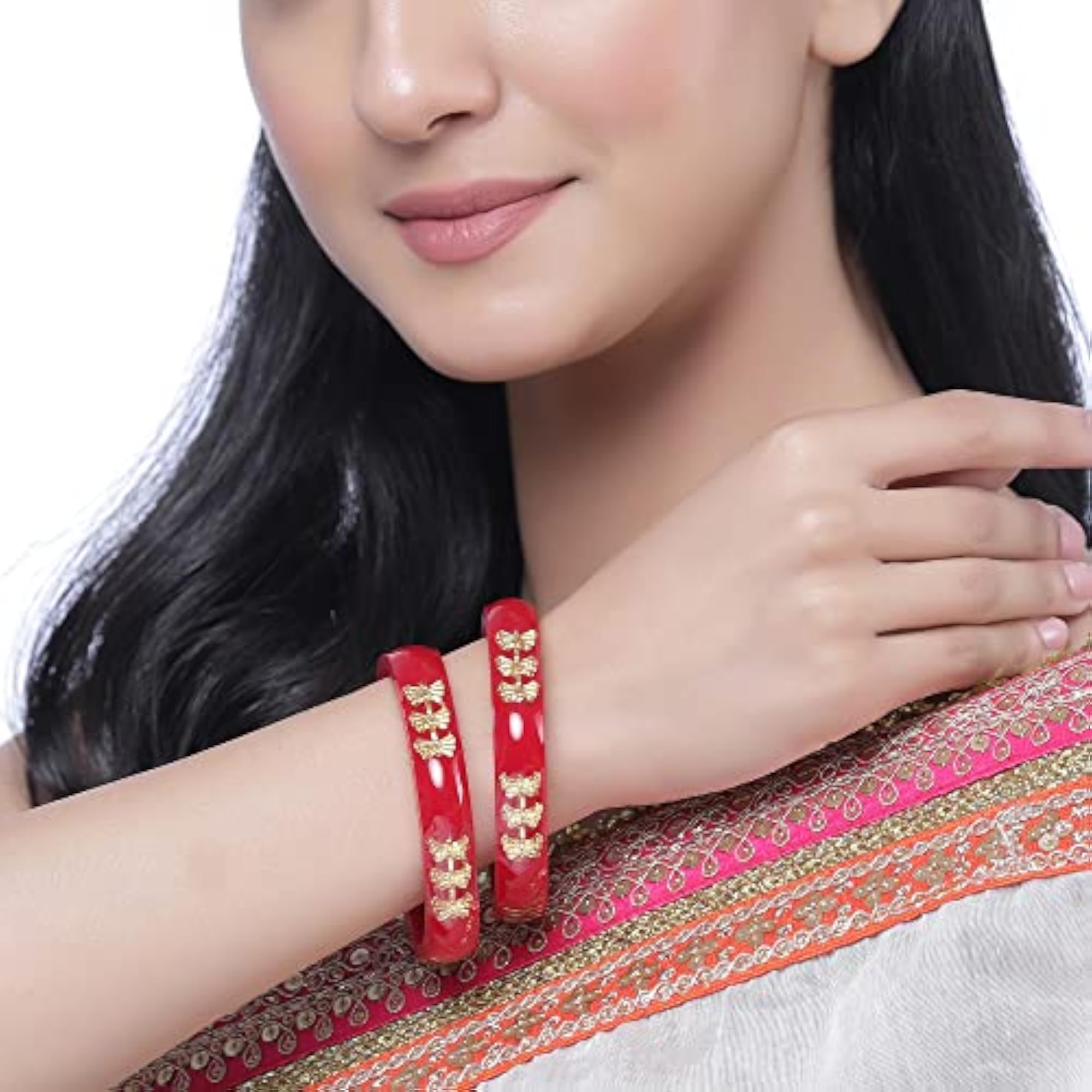 Set Of 2 Gold-Plated Bangles with Green Flower Engraving