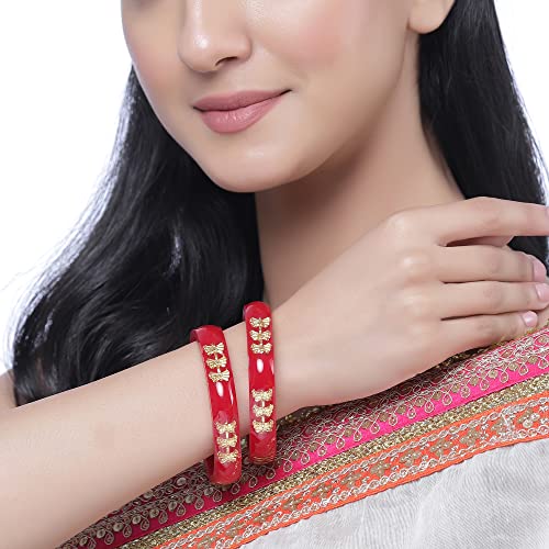 Set Of 2 Gold-Plated Bangles with Green Flower Engraving