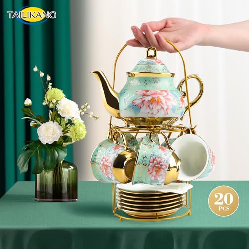 20-Piece Porcelain Tea Set with Metal Holder, Complete Service for 6, Vintage Floral Tea Gift Sets for Home & Parties - Image 6