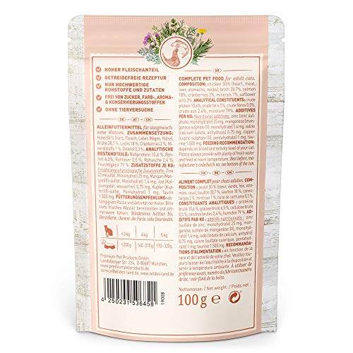Wildes Land Nassfutter für Katzen, Huhn und Lachs, 12 x 100 g
