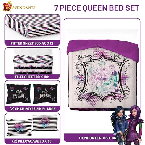 Image of Disney Descendants Queen Comforter Set 7 Piece Kids Soft Bedding, Multi | Bed in a Bag, Comforter Sheets Shams Pillowcases, Official Product, Soft Microfiber, Machine Washable, Girls Gift