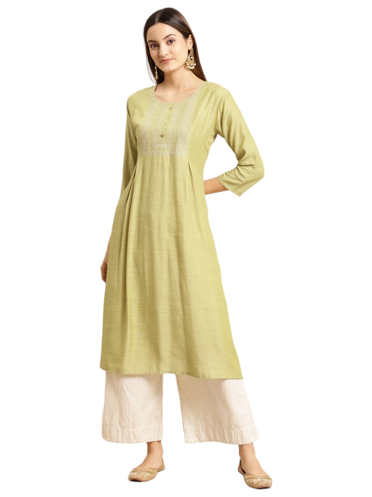 rangitaMint Green Viscose Calf Length Embroidered Flared Kurti for Women | Kurta for Women