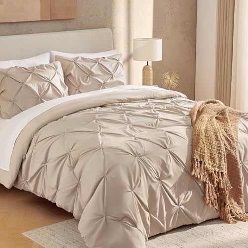 Image of Andency Oversized King Pinch Pleat Comforter Set (120 inchx98 inch),3 Piece Lightweight Pintuck Bedding Comforters & Sets, Fluffy Down Alternative Comforter with 2 Pillow Shams for All Season,Wheat