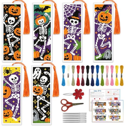 Image of ACRNIGHEET 6PCS Cross Stitch Bookmark Kit (Halloween Skeleton Pattern)