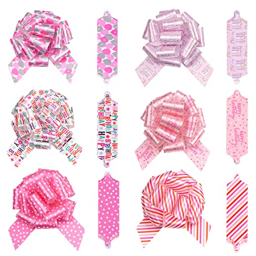 LeZakaa 12PCS Birthday Pull Bows with Ribbon - Pink Gift Bows with Balloon, Candles, "Happy Birthday" Lettering Design - Perfect for Gift Wrapping, Florist, Bouquet, Basket