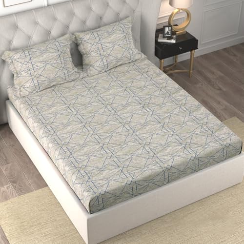 Image of Cloth Fusion Glace Cotton Elastic Fitted Bedsheet King Size with 2 Pillow Covers (78X72 inches, Scribble Lines)