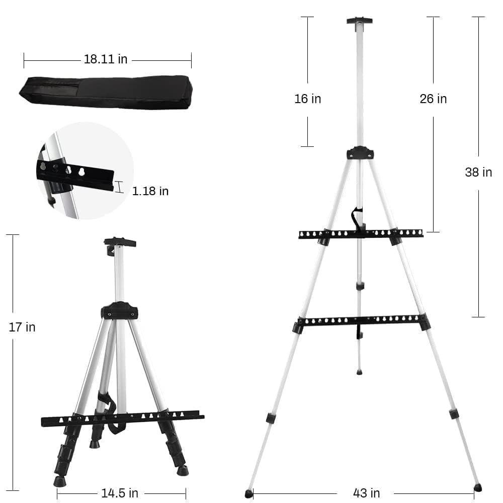 RRFTOK - Caballete de arte para pintura y carteles, trípode de metal de aluminio de 66 pulgadas, caballetes portátiles ajustables para exhibición, soporte de lona para mesa de dibujo para artistas