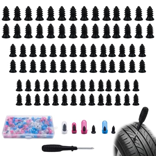 Rivvra 85 Pièces Kit Réparation Pneu Voiture, Clous Pneus avec Tournevis, Kit Réparation Urgence Pneu pour Auto Moto Camion, sans Démontage