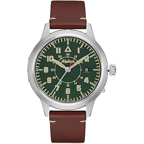 Alpina Men's Startimer Swiss Automatic 3-Hand Stainless Steel Case with Brown Leather Strap Watch, Green Dial (Model: AL-525KBG4SH6) Cover