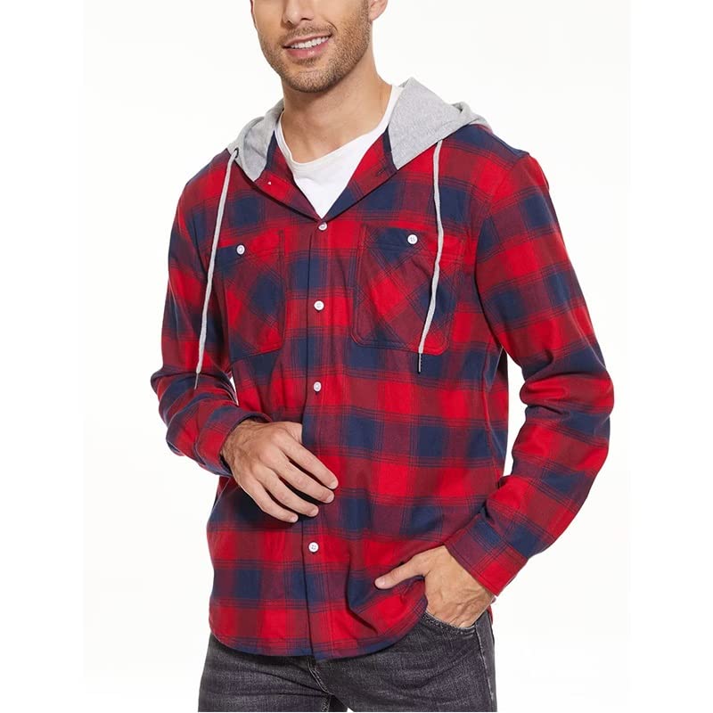 Amazon.co.jp: N/A メンズ フード付き フランネルシャツ 長袖 チェック
