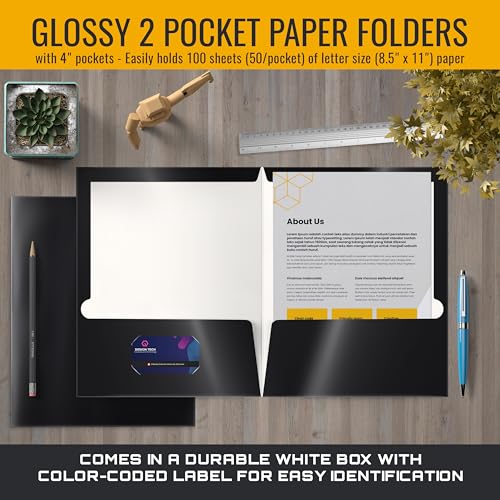 Image of Better Office Products 2 Pocket Glossy Laminated Black Paper Folders, Letter Size, Black Paper Portfolios, Box of 25
