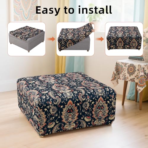 Image of YISUN Ottoman Cover Square, Stretch Printed Ottoman Slipcover Square, Thick Storage Ottoman Covers Washable Footrest Stool Cover Protector with Nonslip Elastic Bottom