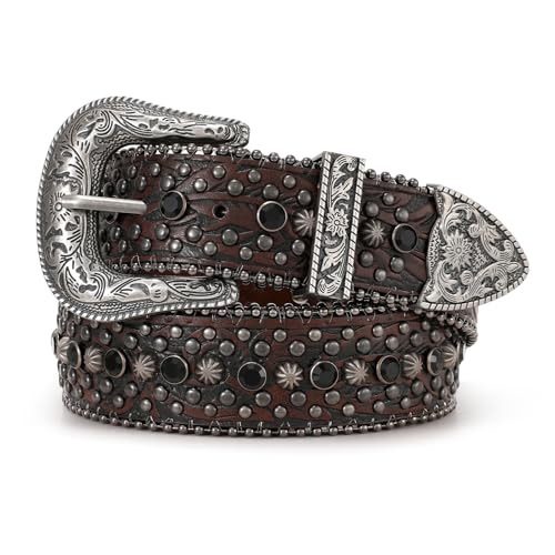 JASGOOD Rhinestone Belt for Women Men Bling Studded Western Cowboy Cowgirl Belts for Jeans,Dark Brown