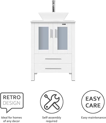 Miniatura 5 de eclife Combo de tocador y lavabo de baño de 24 pulgadas, blanco pequeño, con fregadero cuadrado de cerámica blanca y grifo de ahorro de agua de 1.5