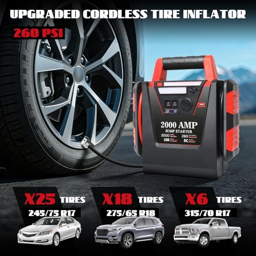 Jump Starter with Air Compressor,2000A Car Battery Jumper Starter 260 PSI Tire Inflator,6 in 1 Auto Lead-Acid Battery Booster Jump Starter for Up to 10.0L Gas or 8.0L Diesel with LED Light - Image 4