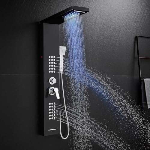 Bath Panel Shower Mixer with Shower Head and Hose Tower Shower Panel 5-Function Shower Column with LED Rain Waterfall Massage Jets Handheld Shower Bath Spout Shower Panel Rail Stainless Steel Black