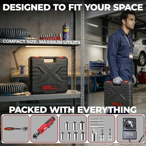 Image of IBELL BW12-70 Cordless Ratchet Wrench Kit, 12V Brushless, 3 /8 inch (9.5mm) Output Shaft, 70 Nm Torque, 0-200 RPM Variable Speed, Forward & Reverse, 1500mAh Battery, Includes Sockets, 12 Months Warranty