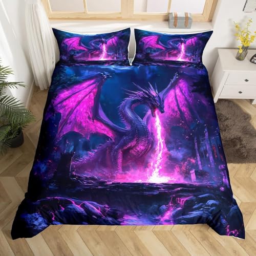RZPFQB Motif Dragon de feu Parure de Lit 220 x 240 cm Dragon Housse de Couette pour Enfant GarçOn Fille Ado Flamme Violette Literie en Microfibre brossée Douce