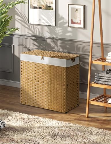 Greenstell Laundry Hamper for Easy Use: 110L Wicker Basket with Lid and Removable Liner Bags