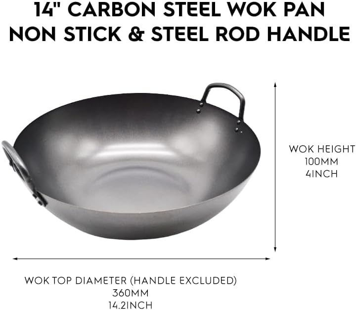 14" Heavy Duty Carbon Steel Wok Pan with Flat Bottom (Dual Handle Steel Rod), Hard Anodized Titanium Non Stick Coating for Commercial Stovetop Gas Electric Ceramic & Induction