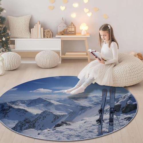 Tapis rond salon ski réaliste bleu marine déco 150 cm - 6