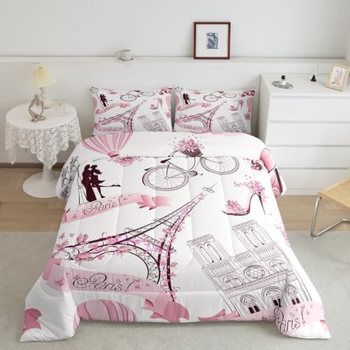 Image of Paris Eiffel Tower Bedding Set for Girls Kids Couple Lover Romantic French Comforter Trip Design Comforter Set Pink White Room Decor Famous Cityscape Duvet Set Twin Size Bedspreads Coverlet Sets Boys