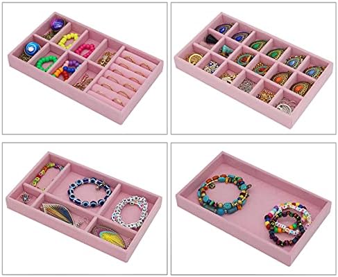 Jewelry Trays Organizer, Set of 4 Velvet Jewelry Tray,Stackable Jewelry Accessory Tray, Multipurpose Jewelry Display Storage and Organizer for Earring Necklace Bracelet Ring