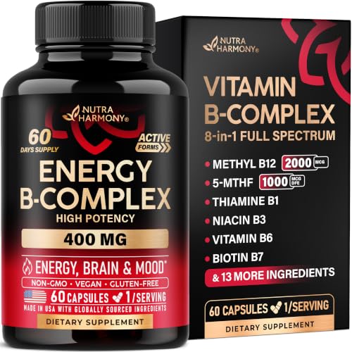 NUTRAHARMONY Vitamin B Complex with Whole Food Blend, B1 B2 B3 B5 B6 B7 B12 5MTHF, 60 Capsules, Vegan, Non-GMO, Gluten-Free