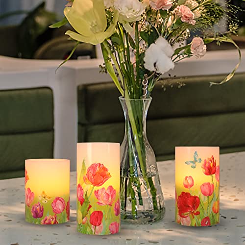 Meltone Tulip Decal Flameless Candles Flickering Flower Theme Led Candles Remote Real Wax Battery Operated Candles For Home Party Wedding Holiday Botanical Room Summer Decor - Set Of 3 #TOP6