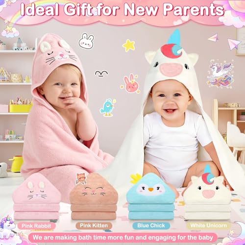Image of 14 Baby Towel Set, Soft Baby Bath Towels and Washcloths Set-Bath Essentials | 4 Pcs Hooded Bath Towel & 10 Pcs Baby Washcloths for Infant, Toddler & Kid for Boy & Girl(Unicorn & Bunny & Kitten & Chick)