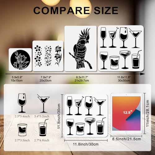 MAYJOYDIY Cocktail Glass Stencil Wine Bottle Stencils for Painting 11.8x11.8 Inch Drink Cheers Drawing Templates with Paint Brush for Wall Furniture Paper Fabric Canvas Scrapbook Decoration