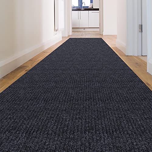 Scrape Rib Solid Design Non-Slip Rubberback 3X14 Indoor/Outdoor Waterproof Runner Rug For Hallway, Kitchen, Living Room, Garage, Patio, 2'7'' X 14', Black #TOP5