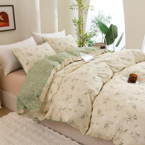 ECOCOTT Duvet Cover King Size - Reversible Green Floral Duvet Cover Set, Ultra Soft & Breathable Comforter Cover with Zipper Closure 4 Ties Bedding Set for Girls and Women