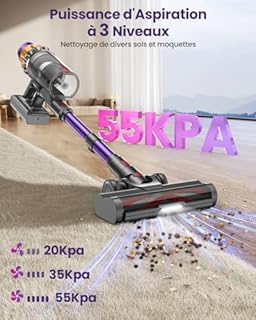 Aspirateur Balai Sans Fil avec 2 Batteries, 150Min/55KPA/600W/2.0L Aspirateur Sans Fil Puissant, Brosse Anti-Enchevêtrement/Support Mural Rechargeable/Écran LED, pour Poils d'Animaux/Tapis/Sols Durs