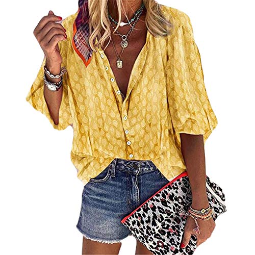 Soluo – Blusa feminina com botão e estampa floral Boho casual de renda solta com manga 3/4 de sino,