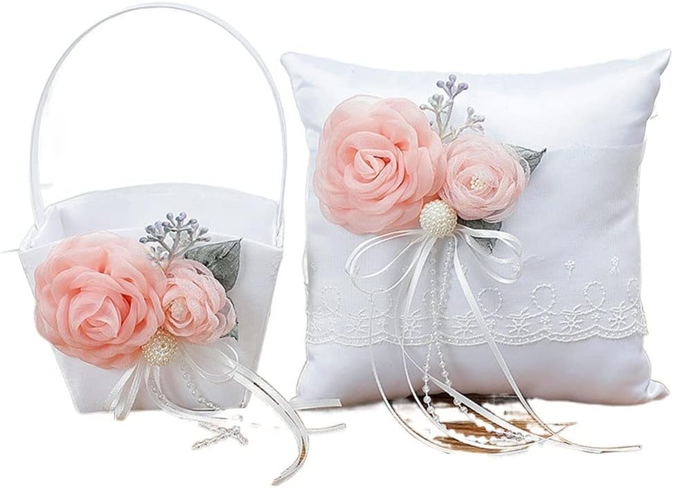 Wedding Flower Basket Ivory White Satin Bowknot Bearer Pillow Girl Set Accessories