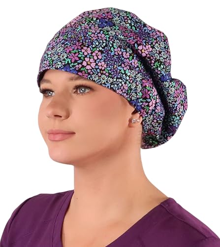 Sparkling EARTH Petals in Bloom (Purple, Pink and Green Flowers) Riley Medical Scrub Caps with Flat Front, Roomy Back - Adjustable Cord Lock Closure - Made in The USA!2