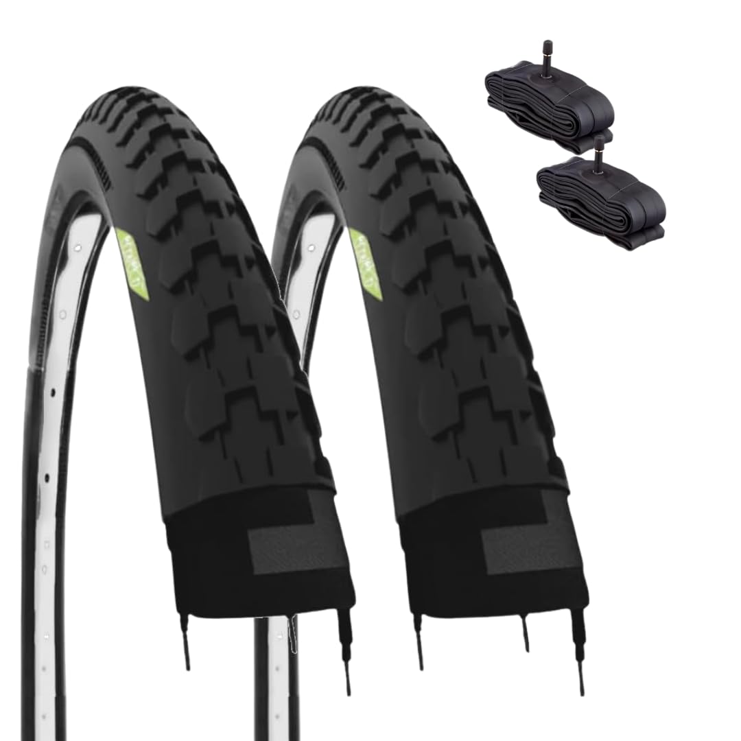 2 Tyres 26 x 1 1/2 (40-584) + Schrader Valve Chambers Rubber Tyres for Vintage Holland Road Bike 26 Inch City Bike