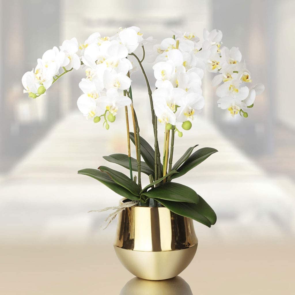 Sztuczne orchidee, poliuretanowe sztuczne kwiaty falenopsis, bonsai, porcelanowy złoty wazon, realistyczny design