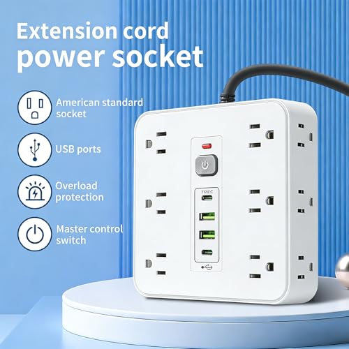Diyeeni Protector eléctrico 16 en 1 con 12 tomas, 2 puertos USB C y 2 USB A, cable de 2 m miniatura 3