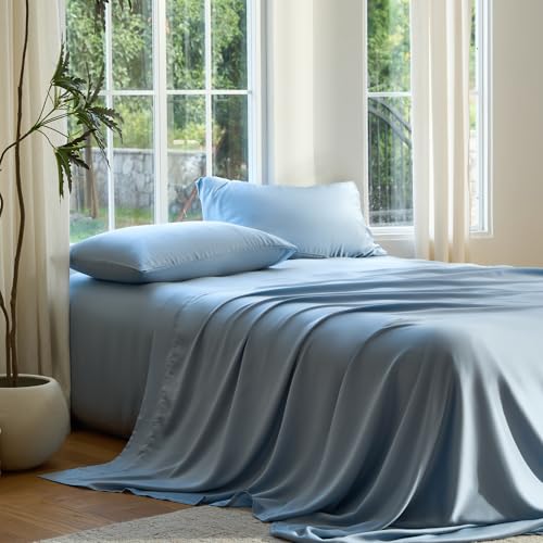 Image of DOZ Sheet Set, 100% Viscose derived from Bamboo, Organically Grown, Buttery Soft, Cooling Sheets, High GSM, Deep Pockets - 3 Piece - 1 Pillowcase 1 Fitted Sheet 1 Top Sheet (Sky, Twin)