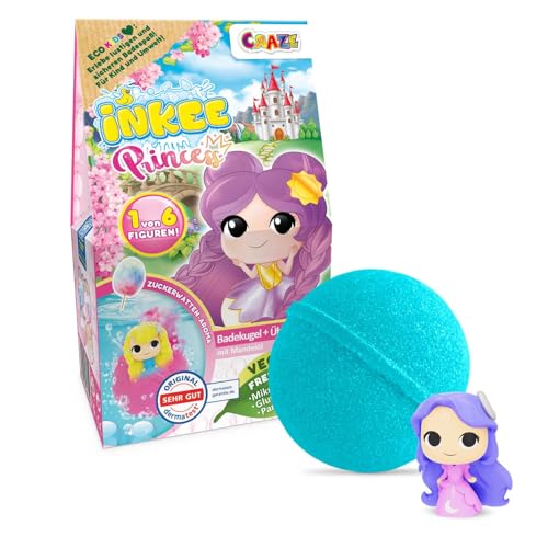 INKEE Surprise Princess Badebombe – Prinzessin Badekugel mit Überraschungsfigur, Zuckerwatte-Duft & Mandelöl, dermatologisch getestet, 100g, Rosa oder Lila