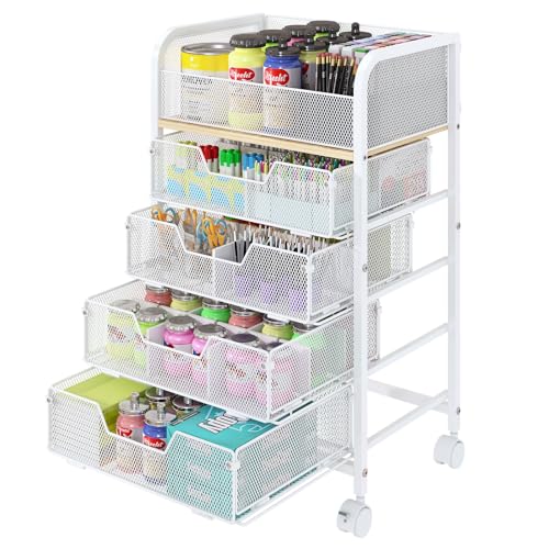 5-Tier Craft Organizer Cart with Wheels,Craft Organizers and Storage with Drawers,Lockable Wheels Rolling Utility Cart with DIY Divider,Office Supply Organizer,Ideal for Studio,Office,Bedroom,White